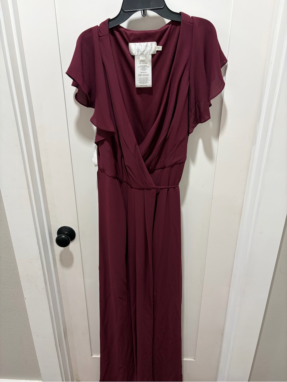 David's Bridal Burgundy Flutter Sleeve Maxi Dress